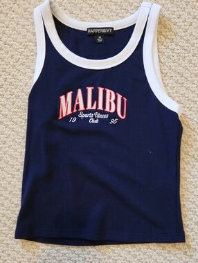 Navy Malibu Graphic Tank Top with White Trim